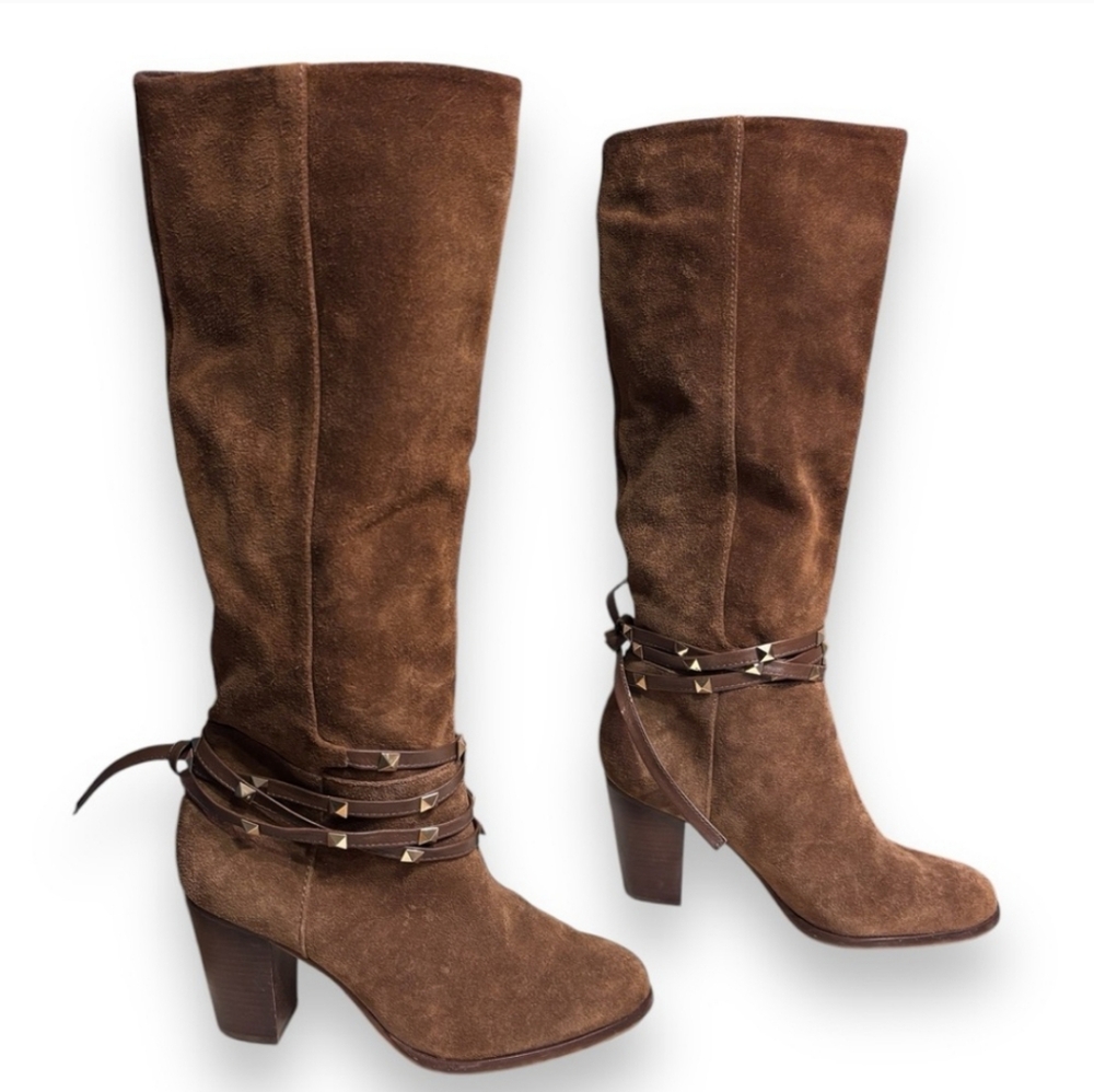 ANTONIO MELANI “Binx” Suede Calf Boot Studded Ties Wrap Detail Cinnamon Brown